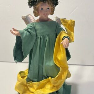 Vintage Angel with Porcelain Head & Hands Green and Yellow Angel Figurine